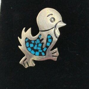 VTN Sterling Silver Bird Brooch Pin With Turquoise Inlay Mexico Unique Jewelry